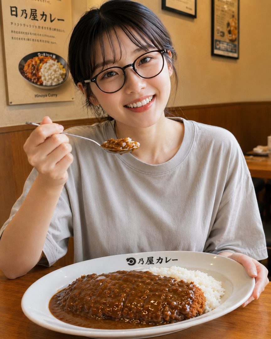 A young woman with black hair and glasses smiles while holding a spoon of curry rice in a restaurant.