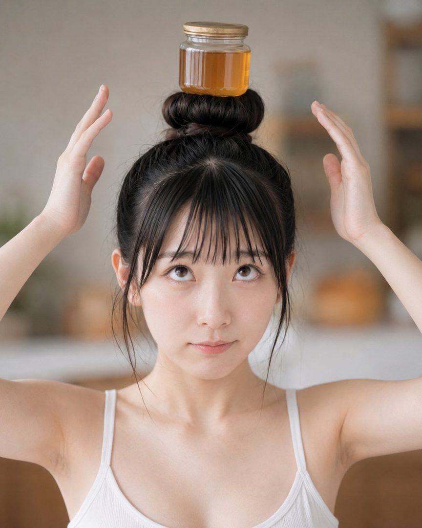 A young woman with black hair and bangs, wearing a white tank top, balances a small jar of honey on her bun while looking up.
