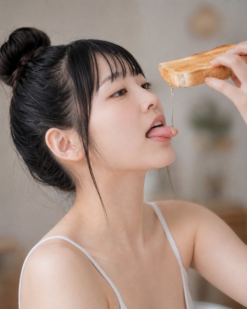 A young woman with black hair tied in a bun and bangs, wearing a white camisole, playfully licks honey dripping from a piece of toast.