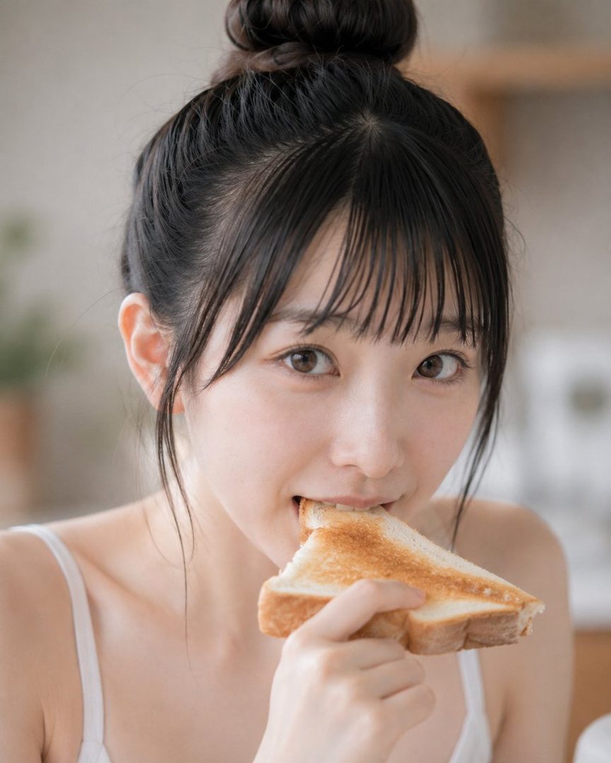 A young woman with black hair tied in a bun and bangs, wearing a white camisole, takes a bite of toast.