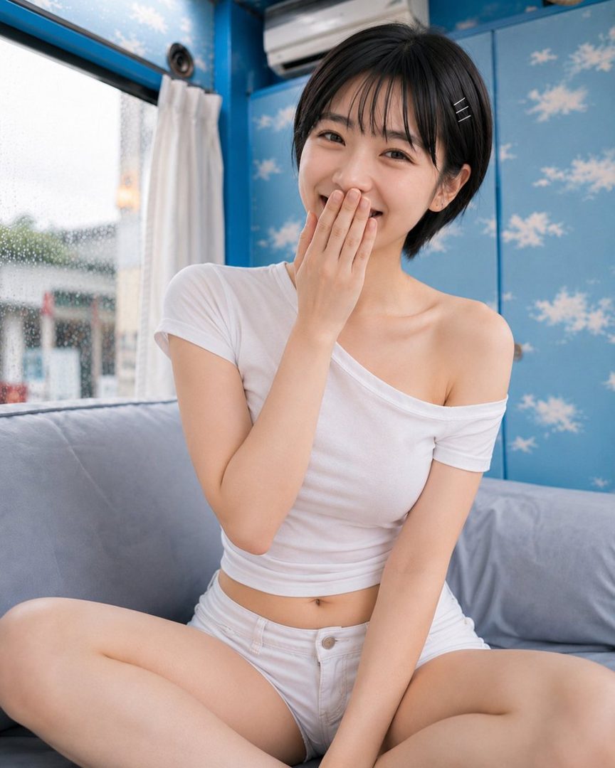 A young woman with short black hair and bangs, wearing a white off-the-shoulder top and white shorts, sits on a blue sofa indoors, covering her mouth with her hand and smiling.
