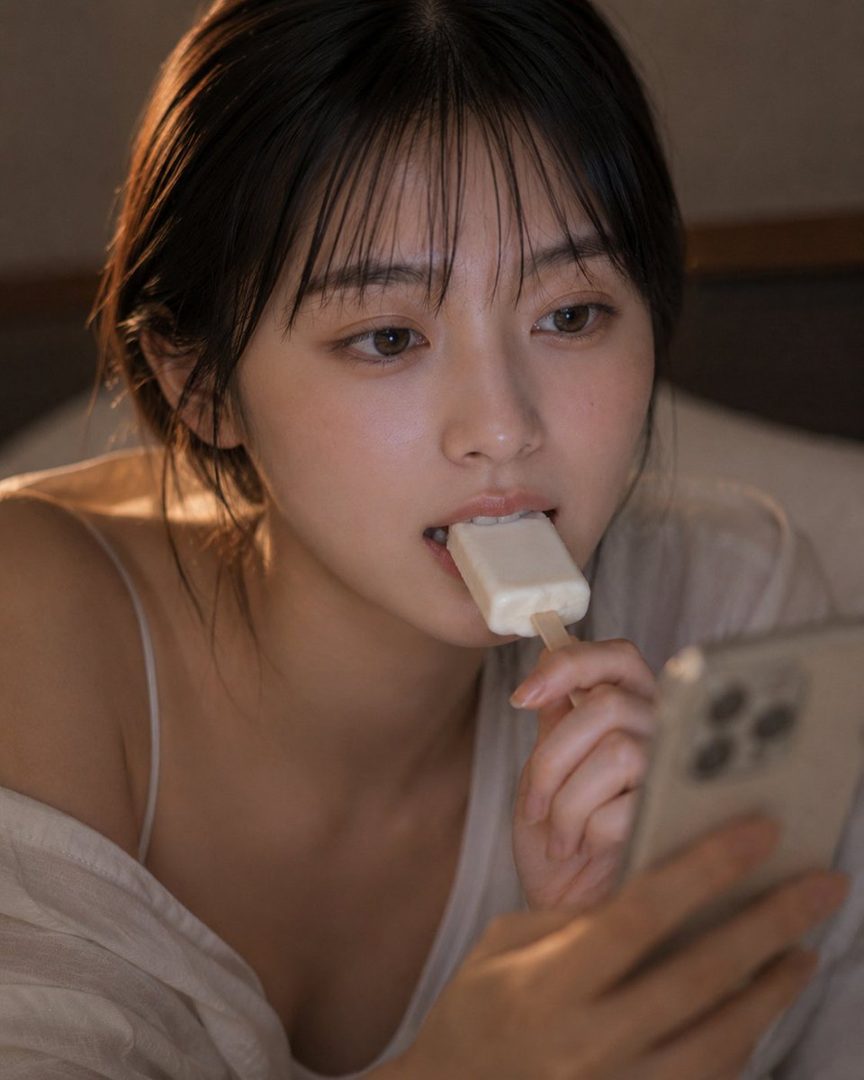 A young woman with dark hair and bangs is eating a popsicle while looking at her phone in a dimly lit indoor setting.
