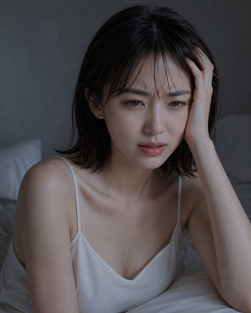 A photorealistic portrait of a young woman with short black hair and bangs, wearing a white camisole, looking distressed indoors.