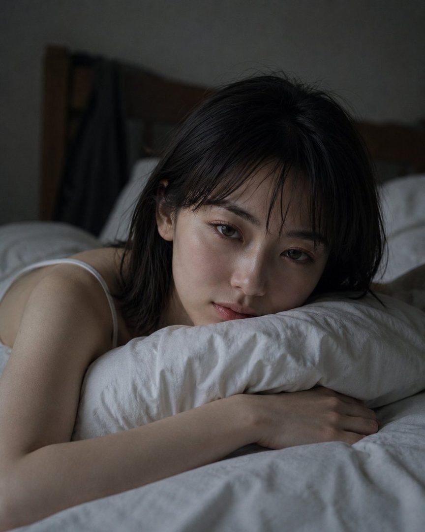A young woman with dark hair and bangs lies on a bed, resting her head on a white pillow, looking directly at the viewer.