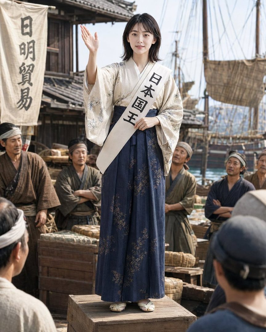 A young woman in traditional Japanese attire with a sash that reads "King of Japan" stands on a wooden box, addressing a crowd in a historical setting with boats in the background.