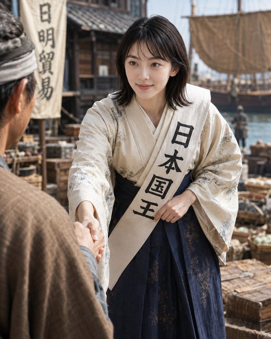 A woman in traditional Japanese attire with a sash that reads "日本国王" (King of Japan) shakes hands with a man in a historical outdoor setting.