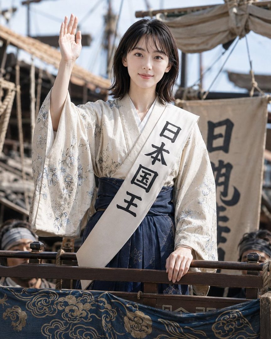 A young woman in traditional Japanese attire with a sash that reads "日本国王" (King of Japan) waves from a boat.