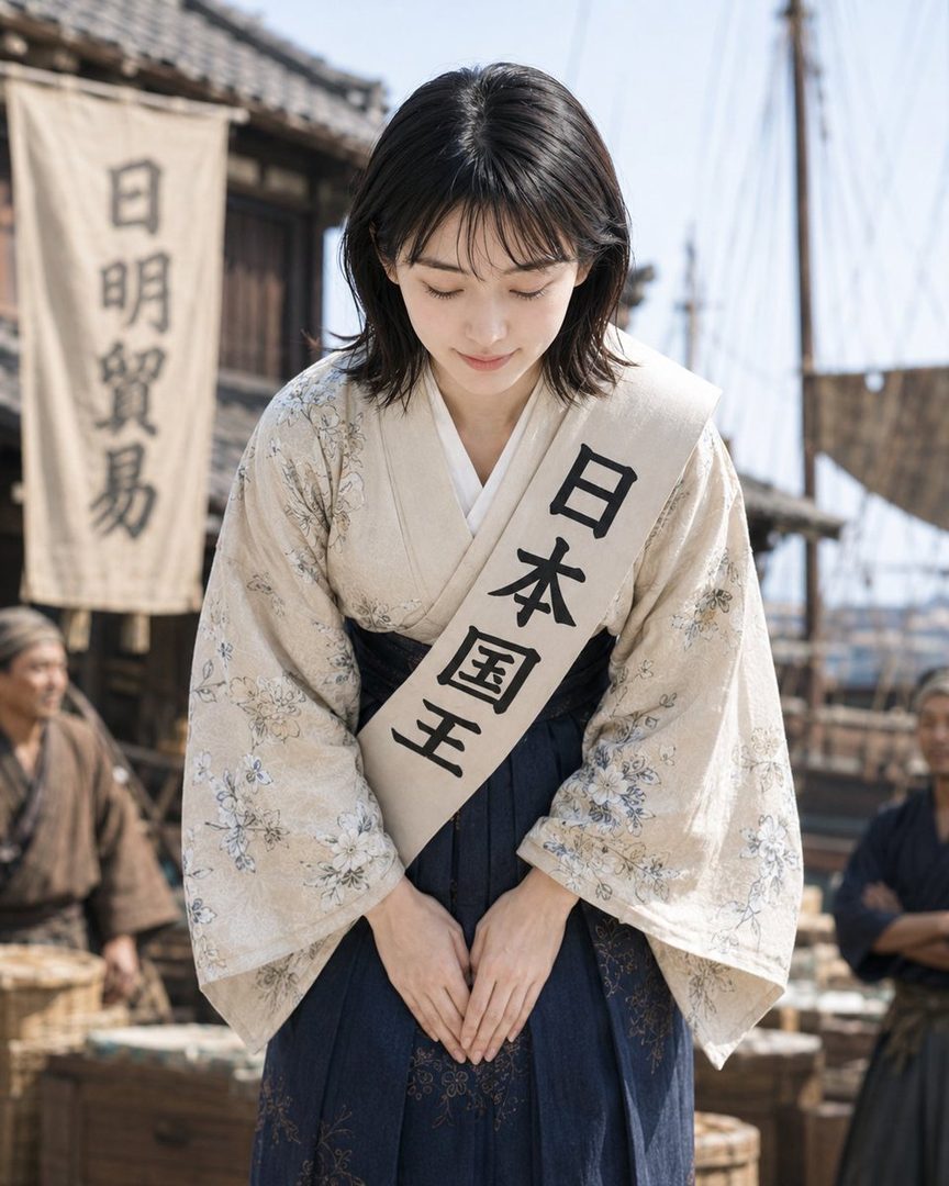 A young woman in traditional Japanese attire, including a kimono and hakama, bows respectfully outdoors with a sash that reads "日本国王" (King of Japan).