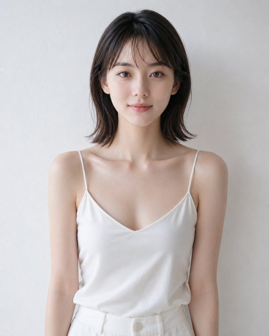 A photorealistic portrait of a young woman with short black hair and bangs, wearing a white camisole, looking directly at the camera with a serene expression.