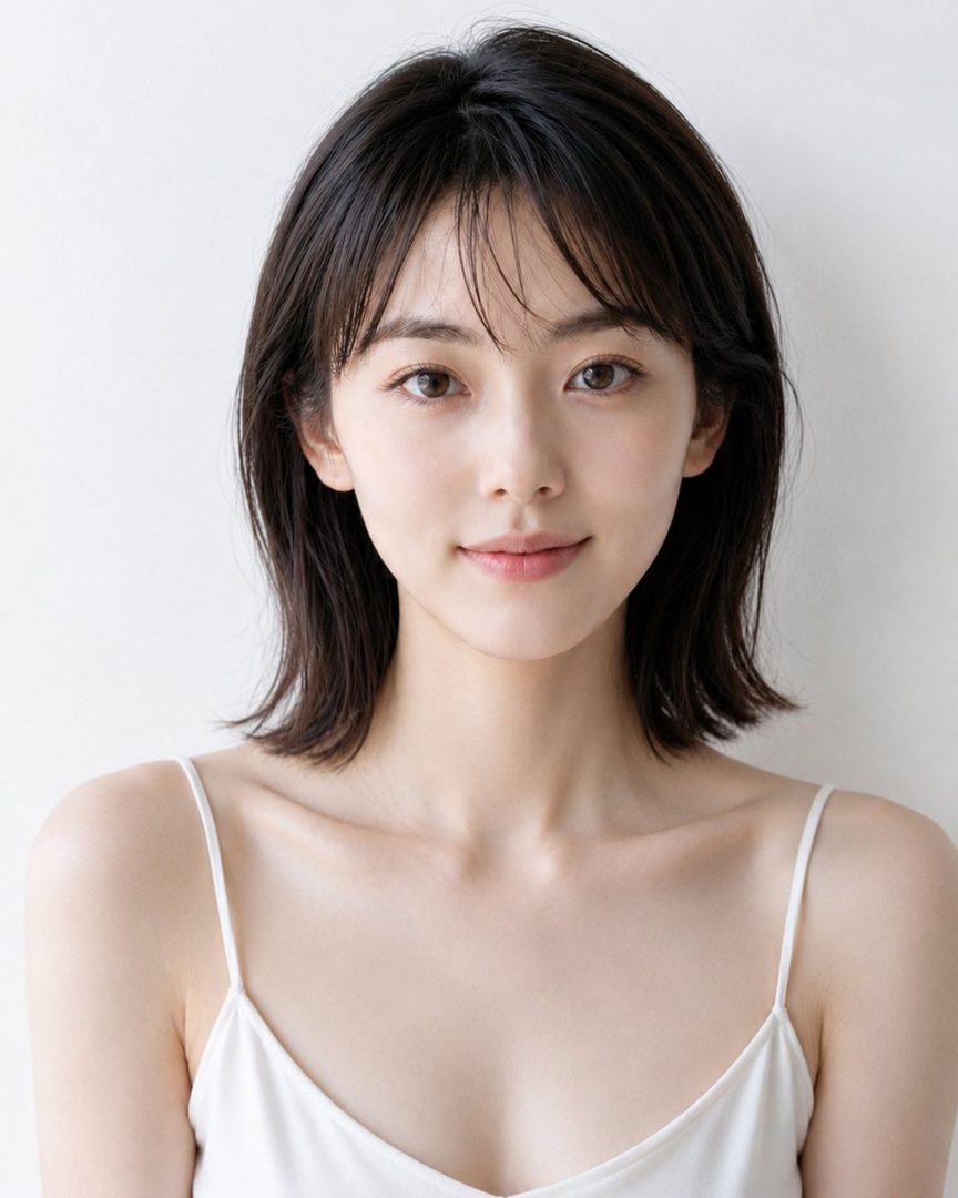 A photorealistic portrait of a young woman with short black hair and bangs, wearing a white camisole, looking serenely at the camera.