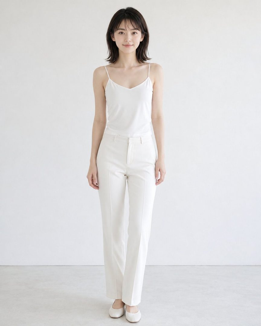 A young woman with short black hair wearing a white camisole and white pants stands against a white background.