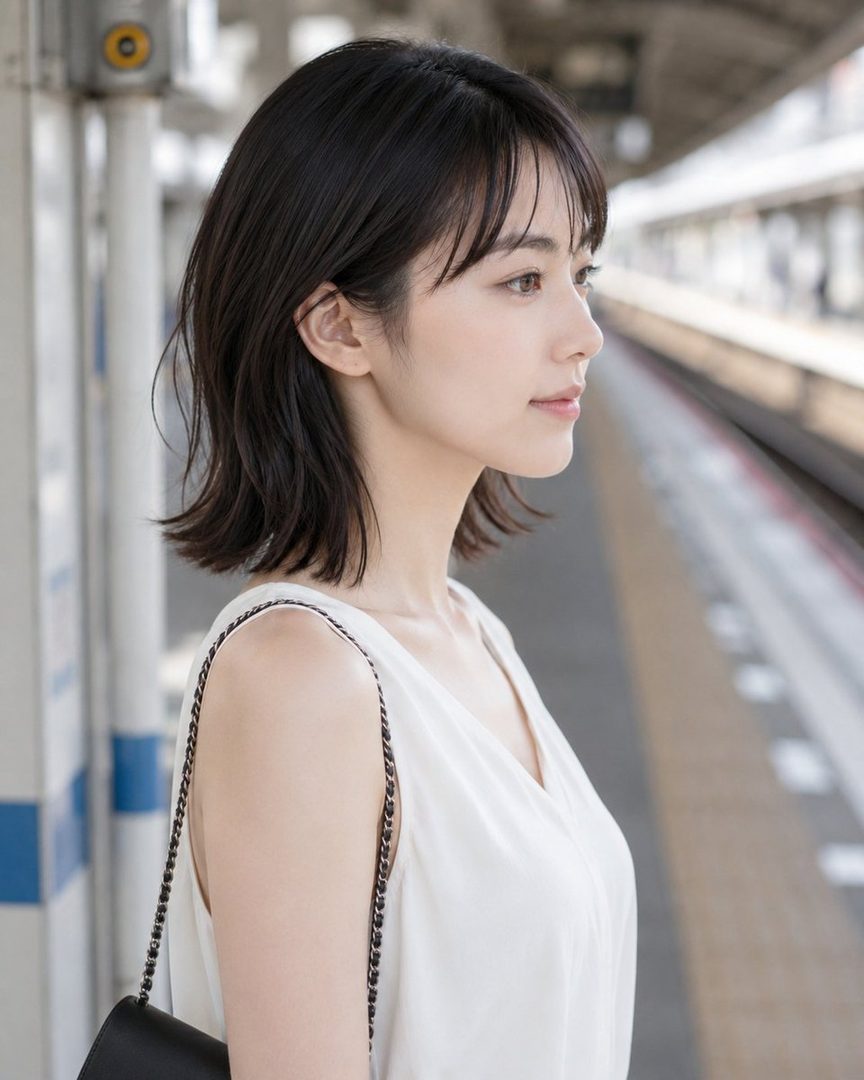 A photorealistic portrait of a young woman with short black hair and bangs, wearing a white top, standing on a train platform and looking to the side.