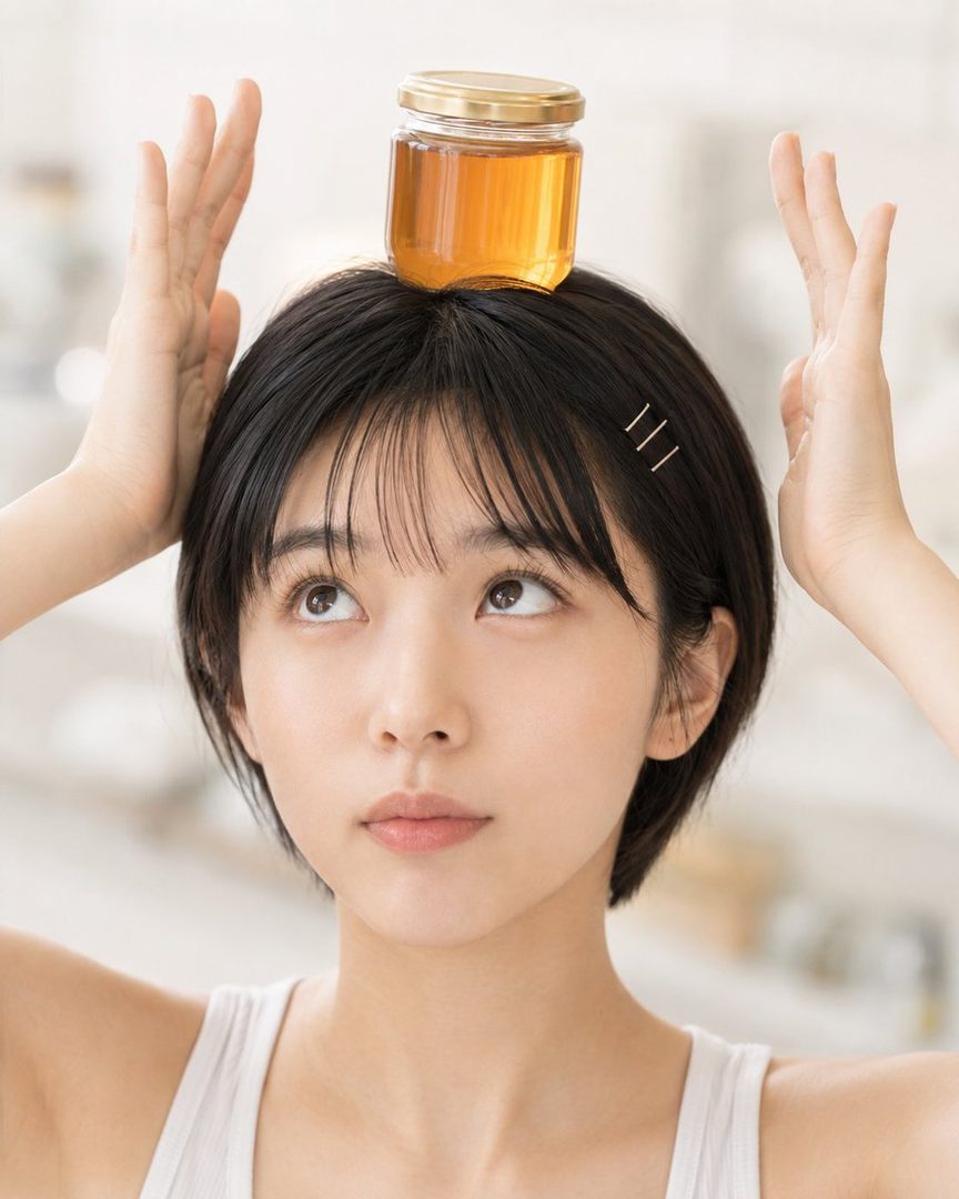 A young woman with short black hair and bangs balances a small jar of honey on her head, looking upwards with a playful expression.