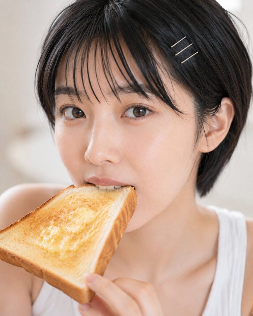 A close-up portrait of a young woman with short black hair, wearing a white tank top, biting into a piece of buttered toast.