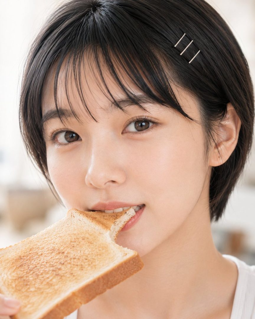 A young woman with short black hair and hair clips is eating a piece of toast.