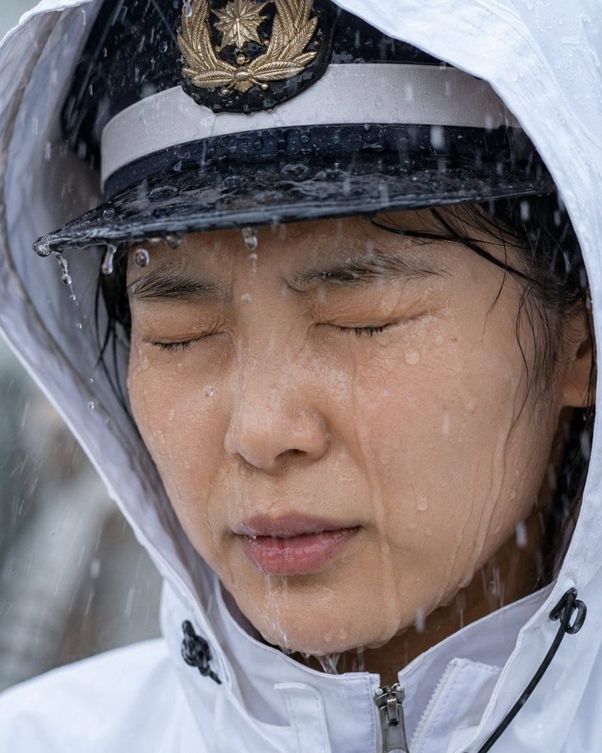 A close-up portrait of a woman in a white hooded jacket and a naval officer's cap, with her eyes closed and rain falling on her face.