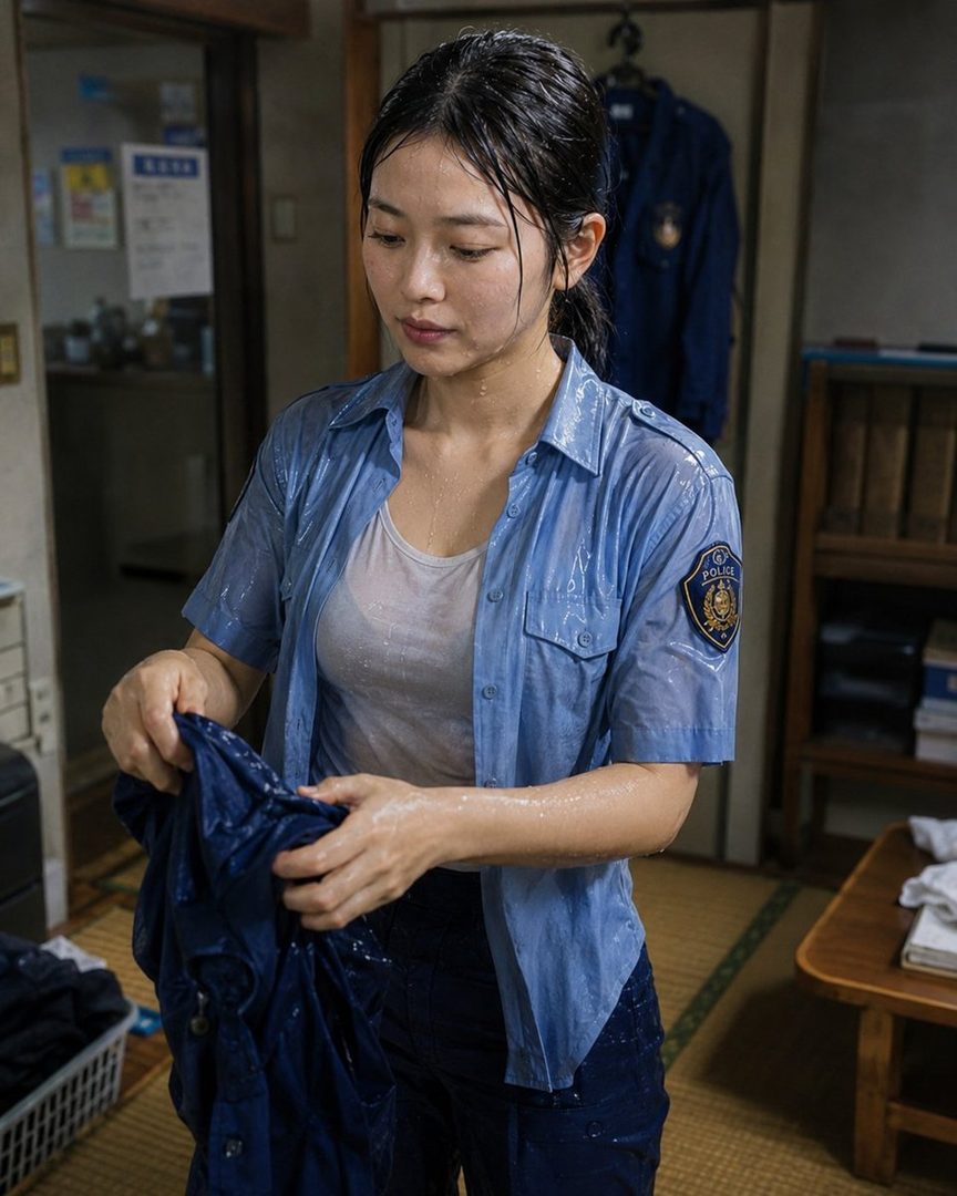 A young woman with wet black hair and a wet blue shirt over a white undershirt is holding a dark blue garment, looking down with a serene expression.