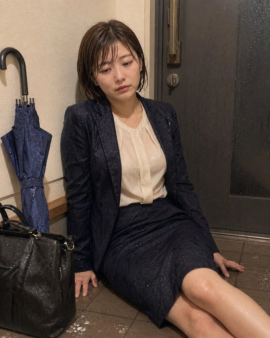 A woman in a wet suit sits on the floor next to an umbrella, looking tired after being caught in the rain.