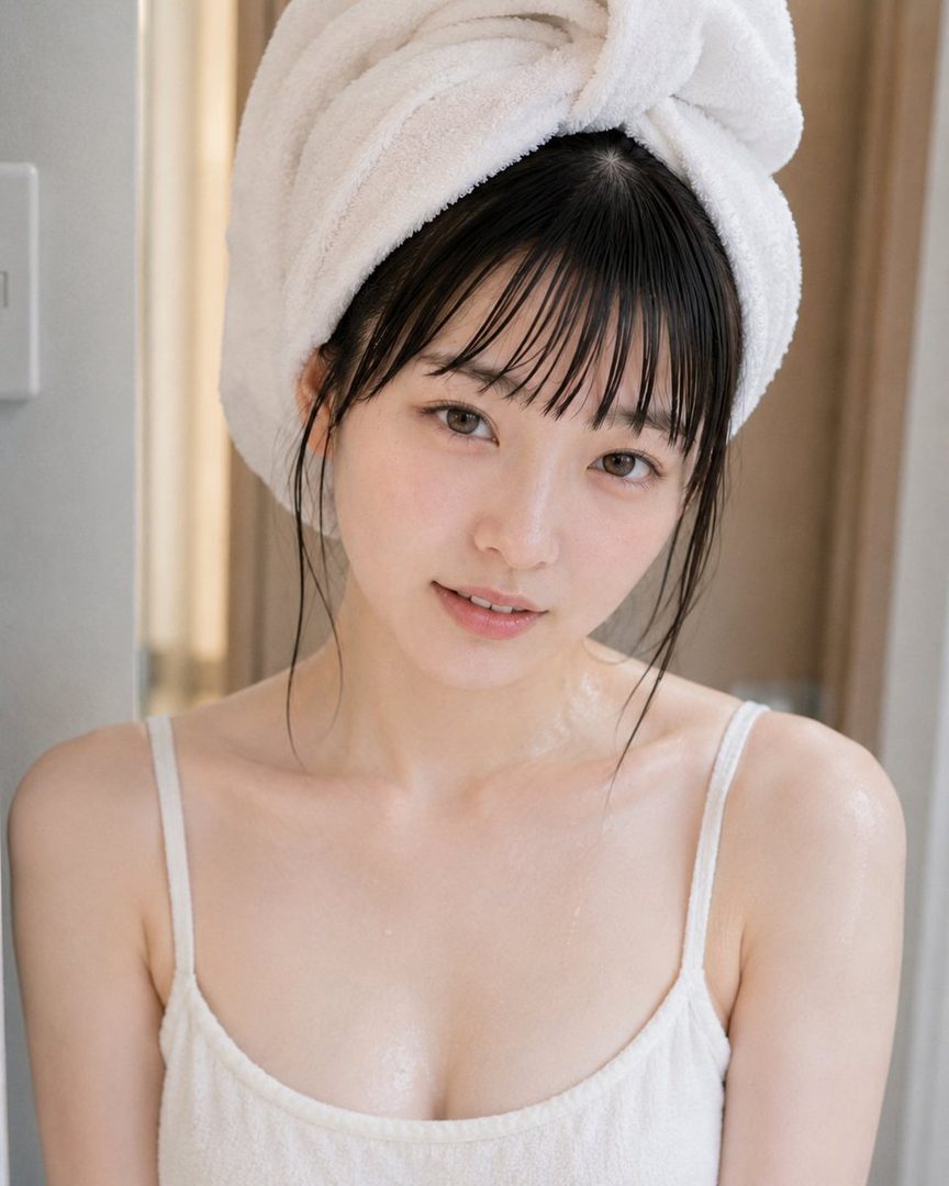 A young woman with a white towel wrapped around her head and wearing a white camisole looks at the camera.