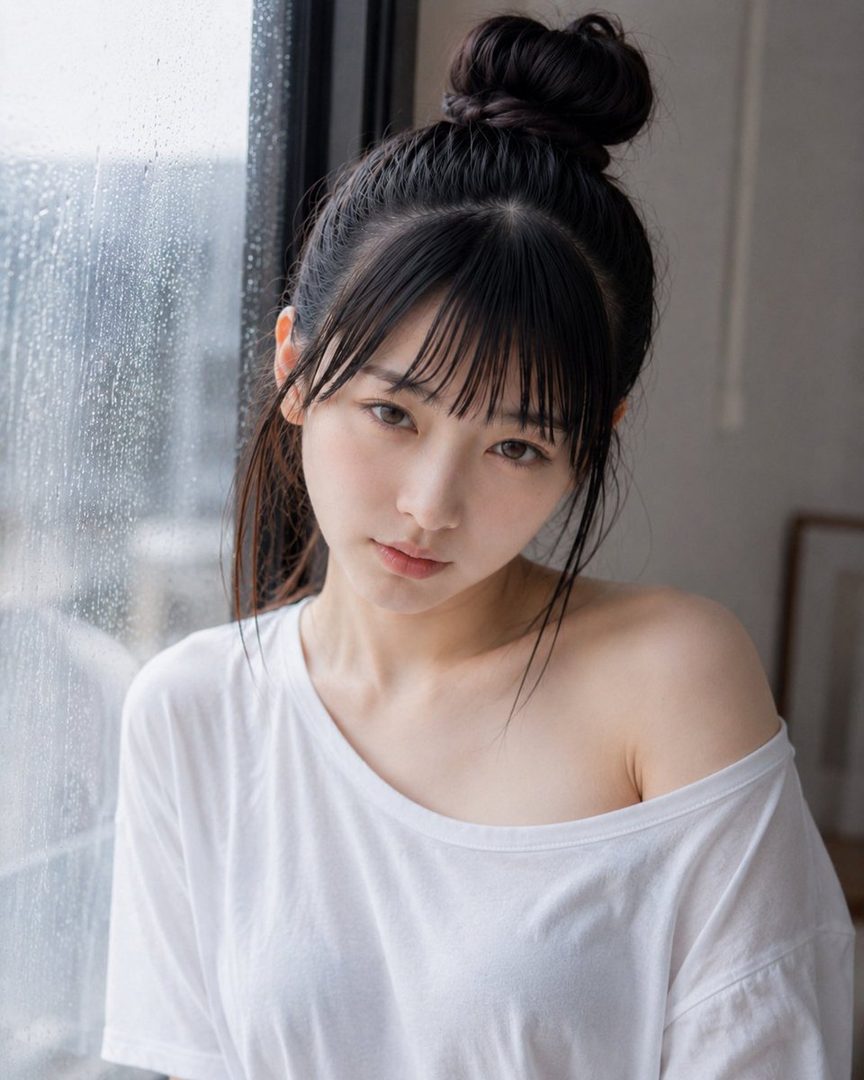 A young woman with black hair tied in a bun and bangs, wearing a white off-the-shoulder t-shirt, looks serenely at the camera while standing by a rainy window.