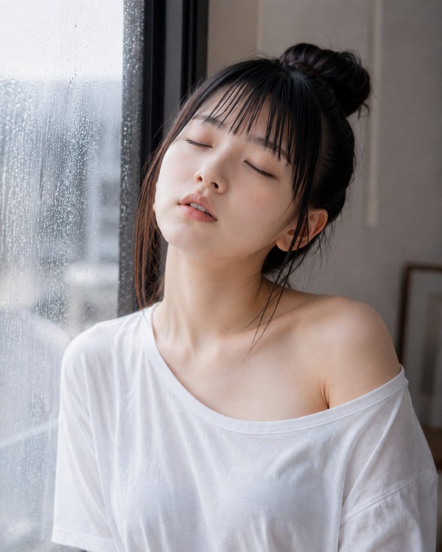 A serene young woman with black hair and bangs, wearing a white t-shirt, stands by a rainy window with her eyes closed.