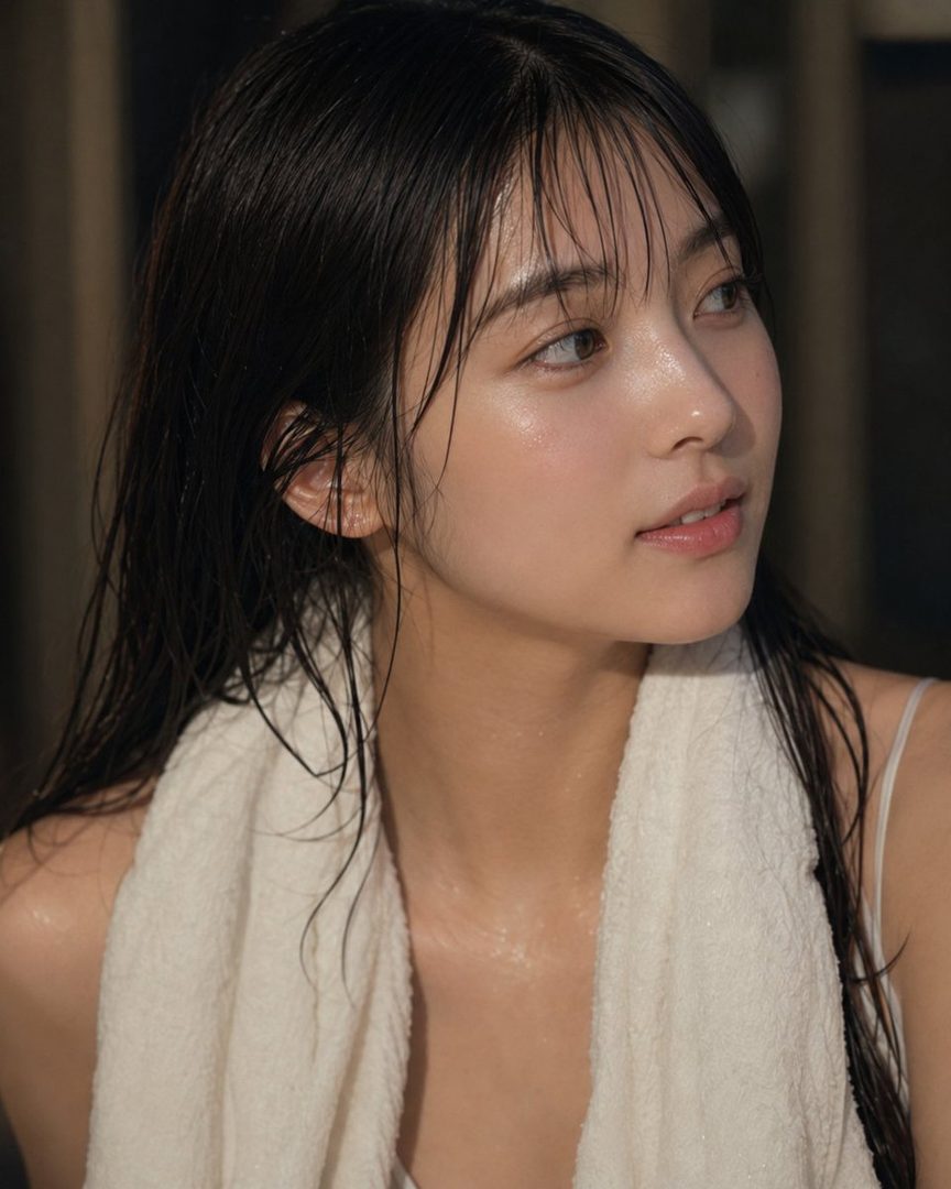 A close-up portrait of a young woman with wet black hair and a white towel around her neck, looking serene.