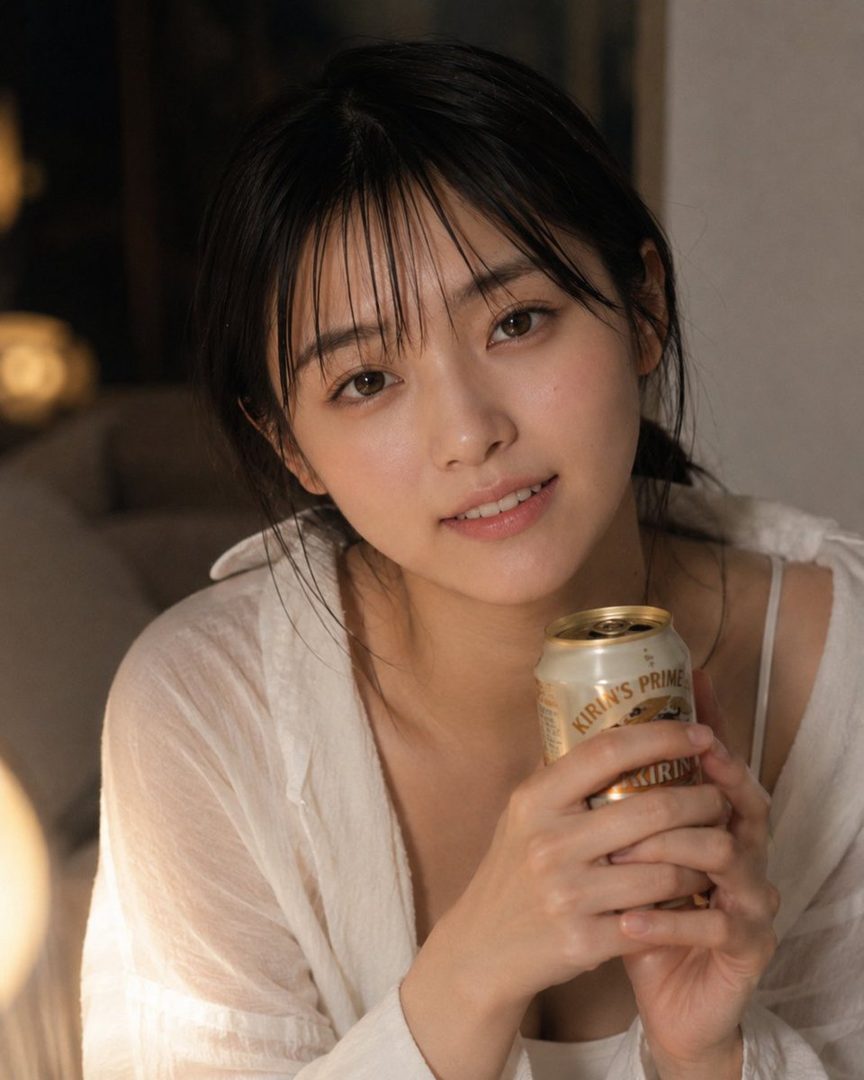 A young woman with black hair and bangs, wearing a white blouse, holds a can of Kirin's Prime beer indoors.