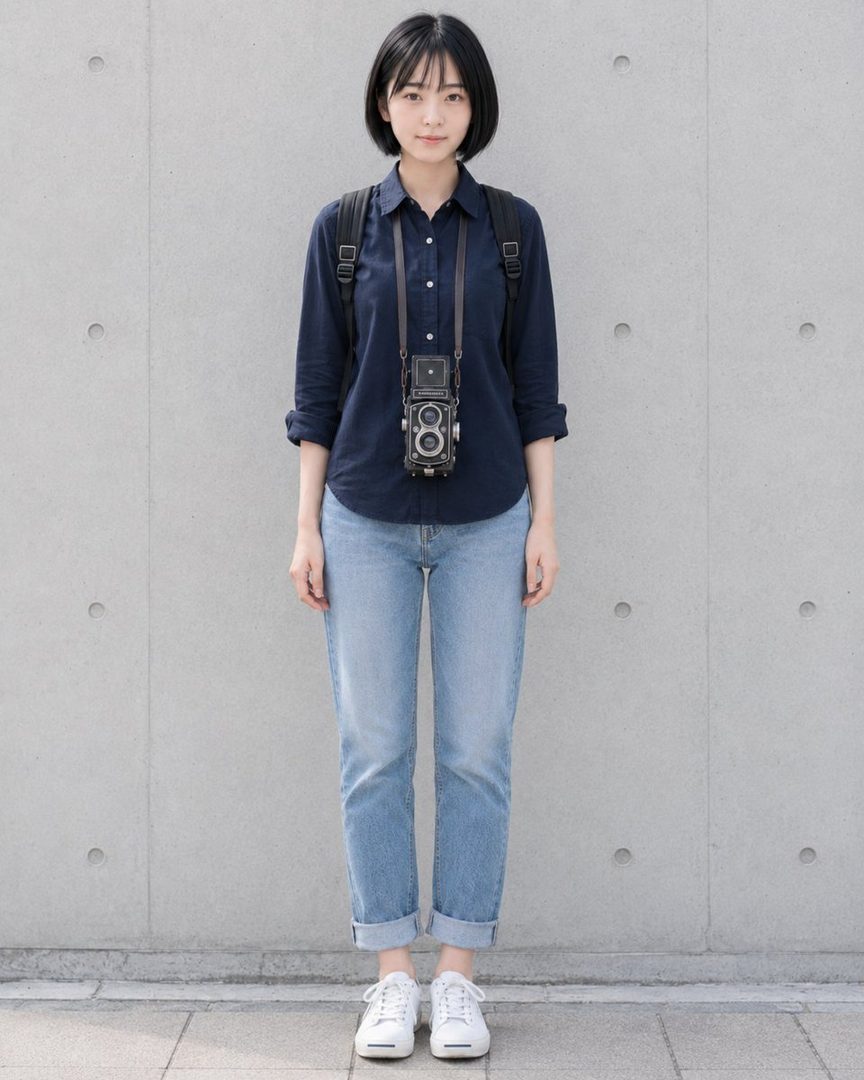 A young woman with short black hair, wearing a navy blue shirt, jeans, and white sneakers, stands against a concrete wall with a vintage camera around her neck.
