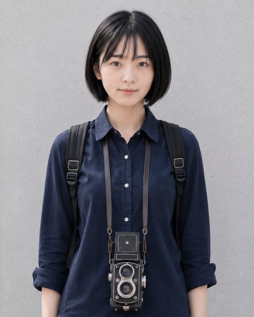A young woman with short black hair and bangs wears a dark blue button-up shirt and a backpack, holding a vintage camera around her neck, against a plain gray background.