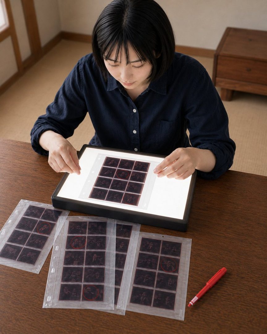 A young woman with short black hair is intently examining film negatives on a light table, with more negatives laid out on the wooden table beside her.