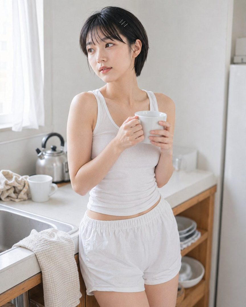 A young woman with short black hair, wearing a white tank top and shorts, stands in a kitchen holding a mug.