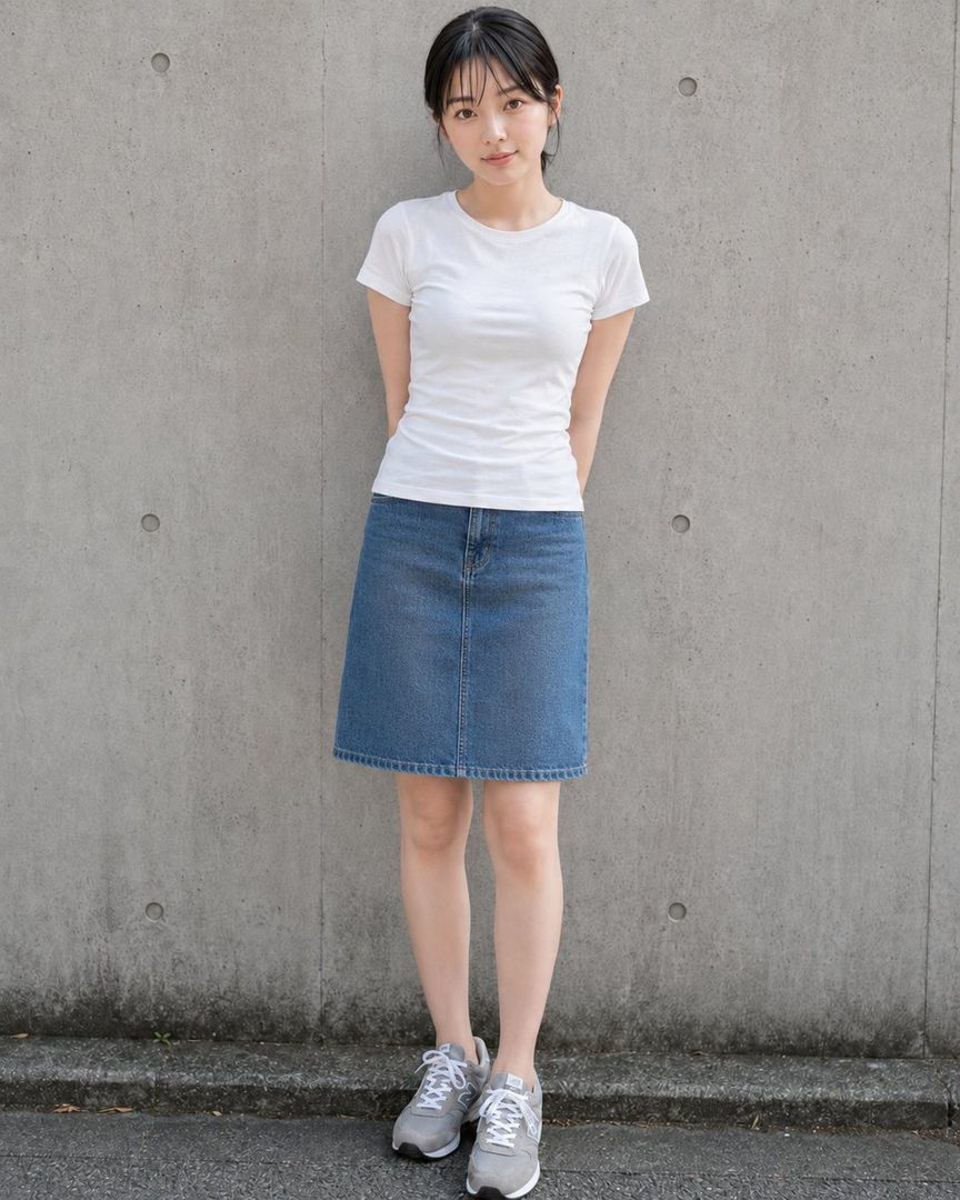 A young woman with black hair, wearing a white t-shirt and a denim skirt, stands against a concrete wall.