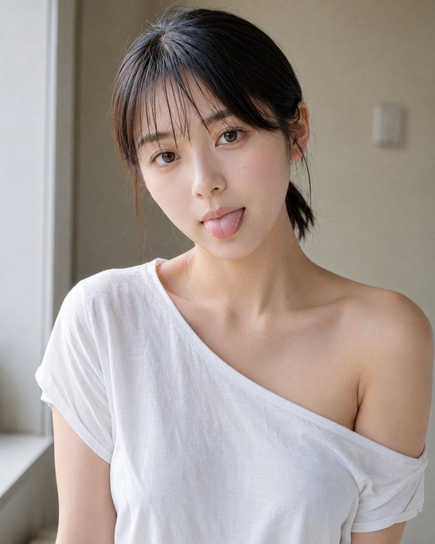 A young woman with black hair and bangs, wearing a white off-the-shoulder top, playfully sticks out her tongue.