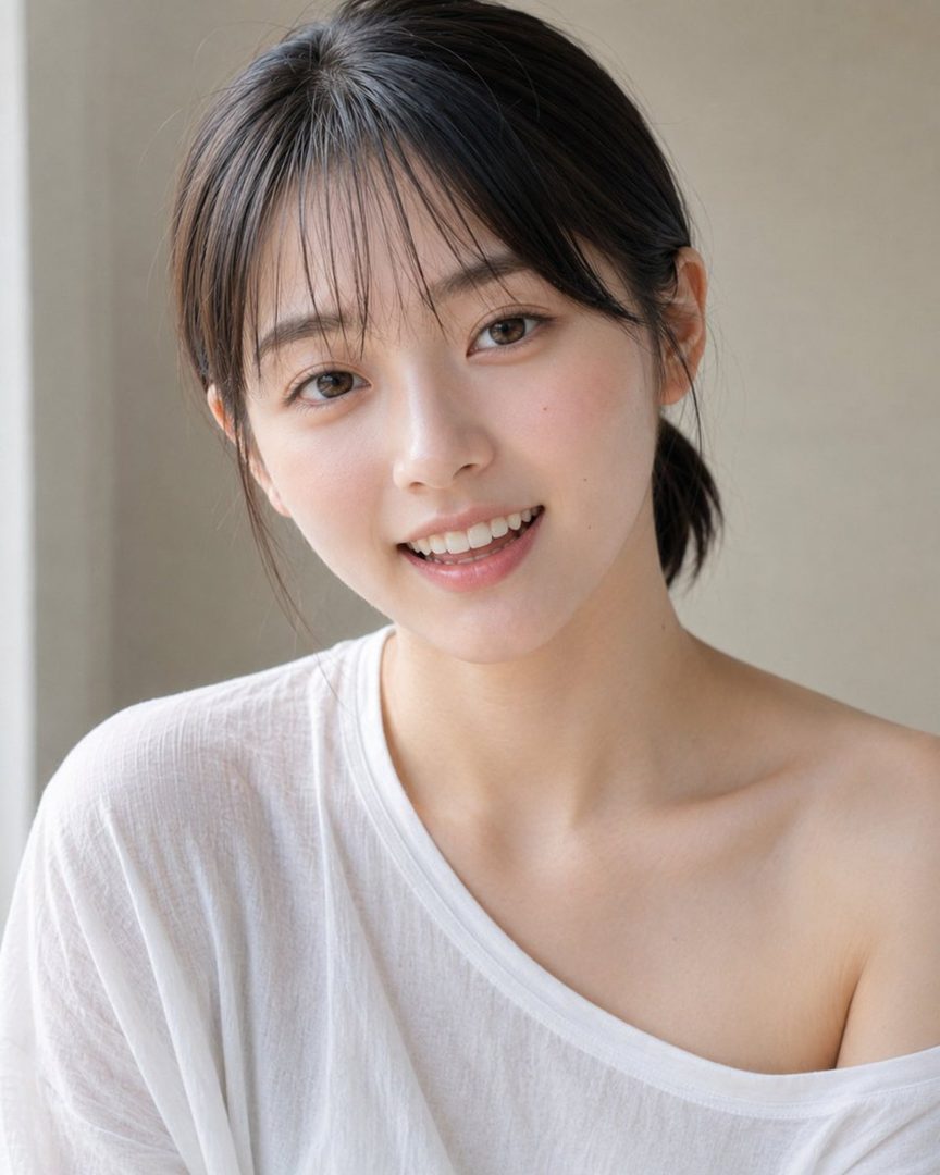 A young woman with black hair tied in a ponytail and bangs, wearing a white off-the-shoulder top, smiles brightly at the camera.