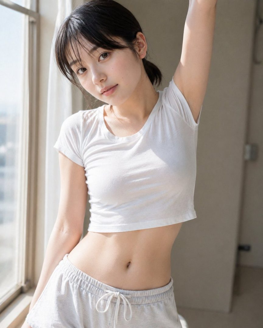 A young woman with black hair in a ponytail, wearing a white crop top and grey shorts, stands by a window in soft daylight.
