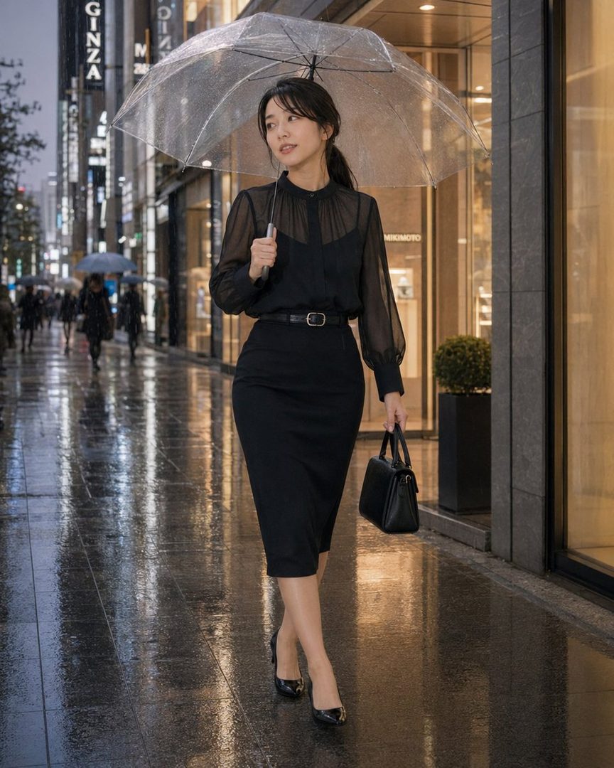 A woman in a black blouse and skirt walks down a rainy street in Ginza, holding a clear umbrella.