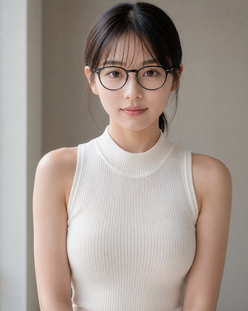 A photorealistic portrait of a young East Asian woman with black hair and bangs, wearing glasses and a white sleeveless knit top, looking serenely at the camera indoors.