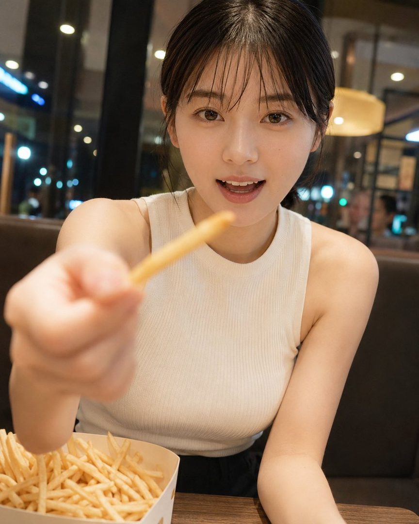 A young woman with black hair and bangs, wearing a white knit top, offers a french fry to the camera in an indoor setting.