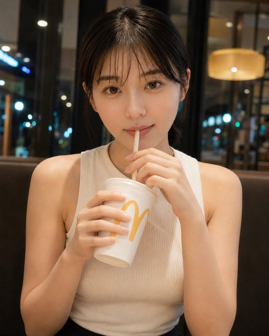 A young woman with black hair and bangs sips from a McDonald's cup indoors at night.