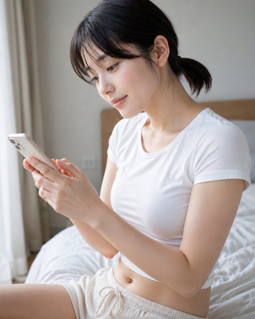 A young woman with black hair tied in a ponytail, wearing a white crop top and light shorts, sits on a bed and looks at her phone.