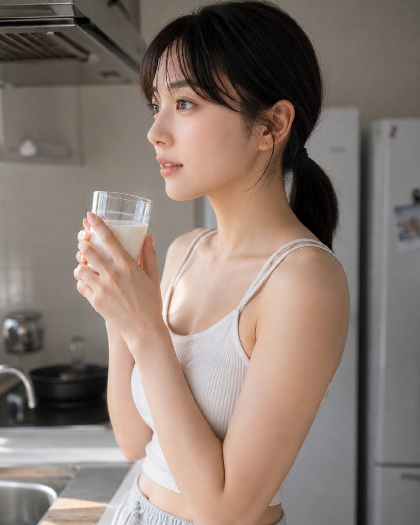 A young woman with black hair tied in a ponytail, wearing a white tank top, holds a glass of milk in a kitchen.