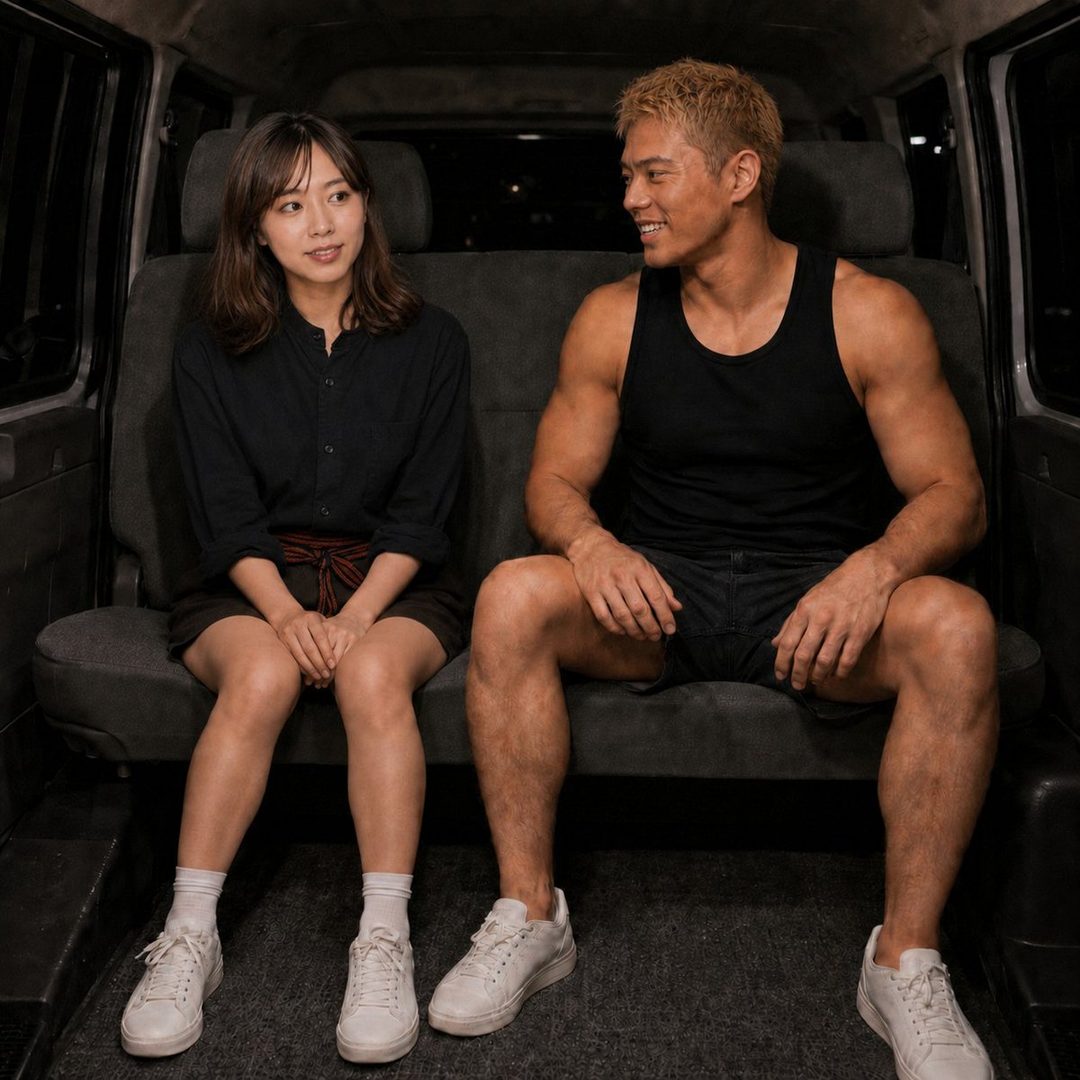 A man and a woman are sitting in the back of a van, looking at each other and smiling.