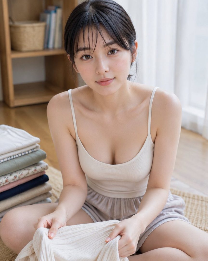 A young woman with black hair and bangs sits on the floor, wearing a light-colored camisole and shorts, holding a piece of fabric.