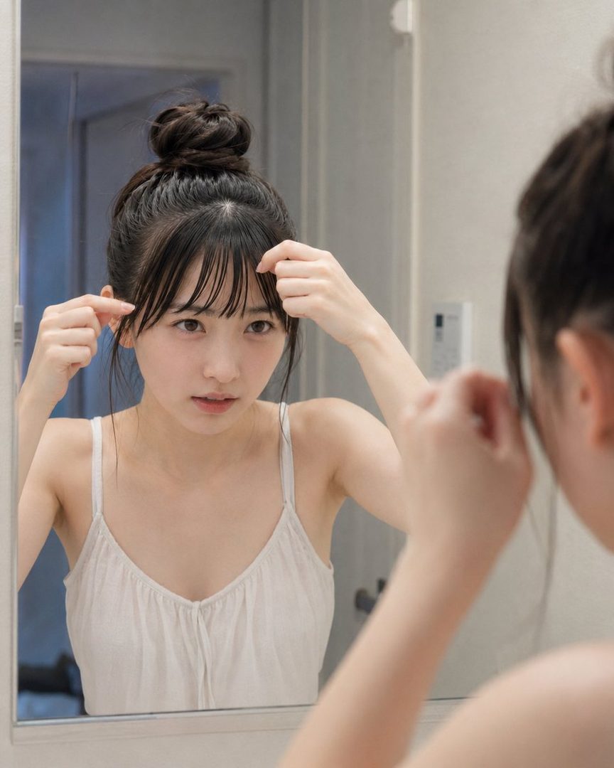 A young woman with black hair tied in a bun and bangs, wearing a white camisole, looks into a mirror and adjusts her hair.