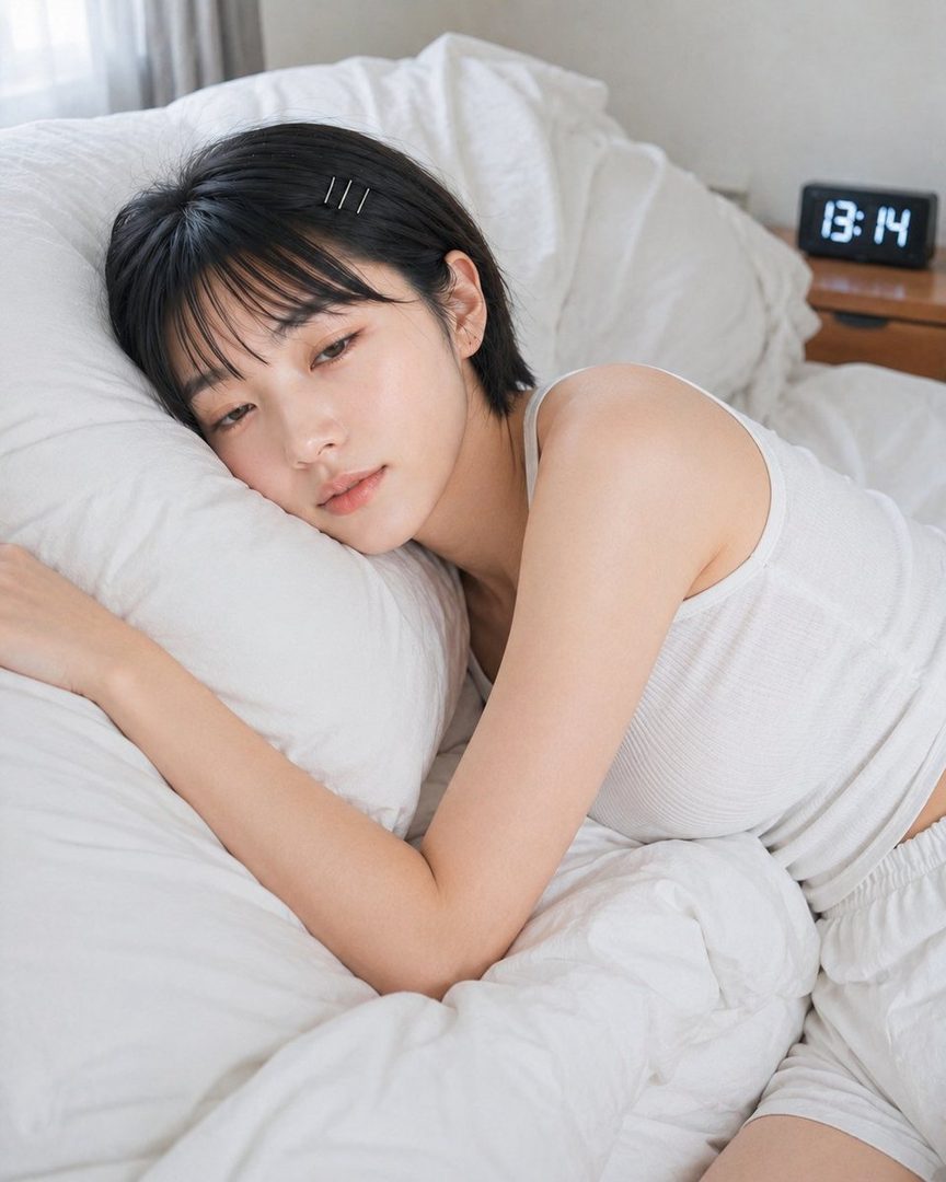 A young woman with short black hair and bangs lies on a white bed, wearing a white tank top and shorts, with a digital clock showing 13:14 in the background.