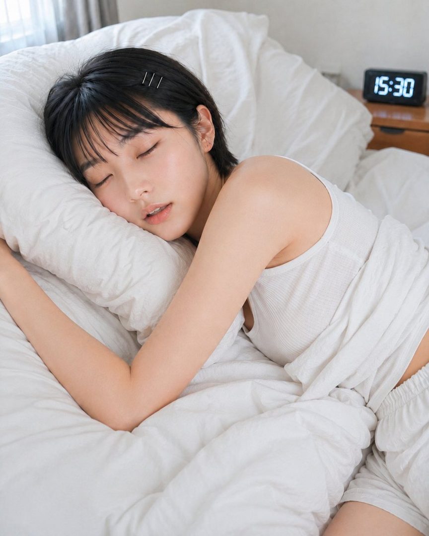 A young woman with short black hair and bangs is sleeping peacefully on a white pillow in a bedroom, wearing a white tank top and shorts.