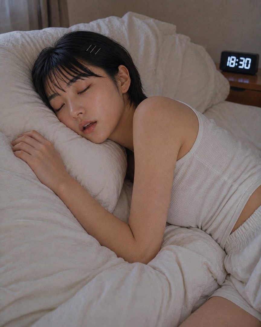 A young woman with short black hair and bangs is sleeping peacefully on a white bed, wearing a white tank top and shorts.