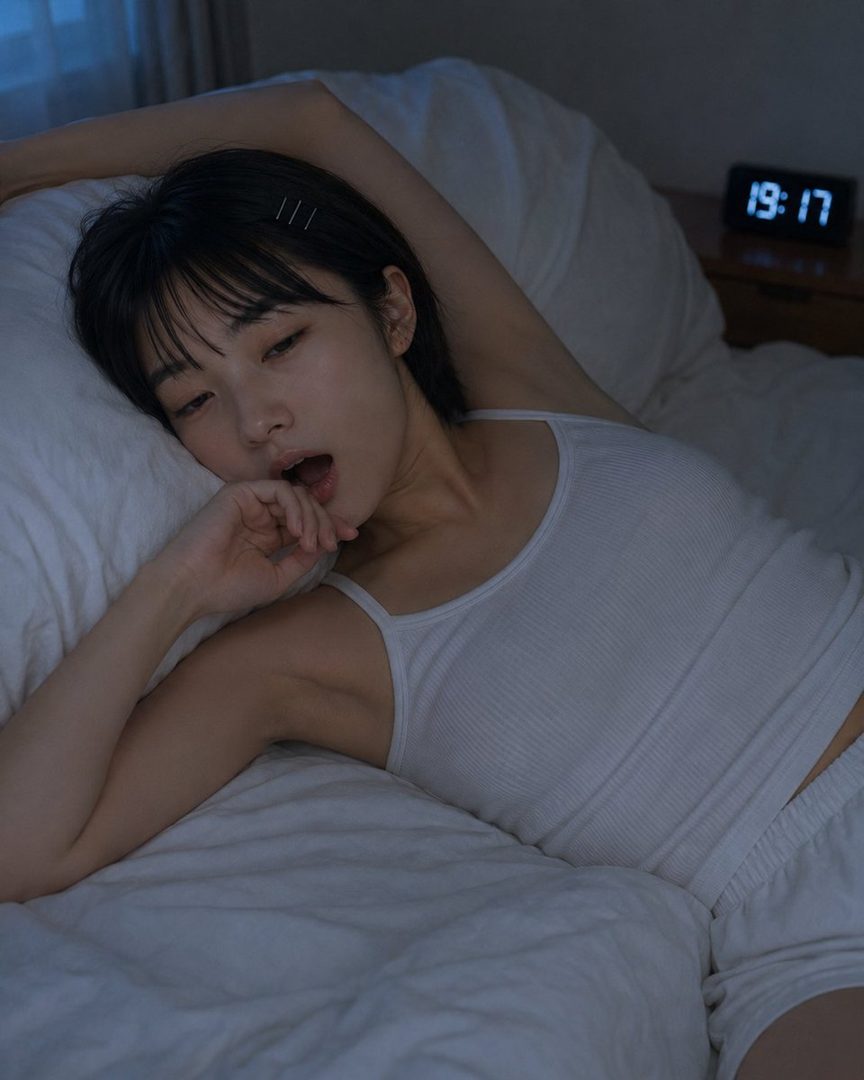 A young woman with short black hair yawns while lying in bed in a dimly lit room, wearing a white tank top and shorts.