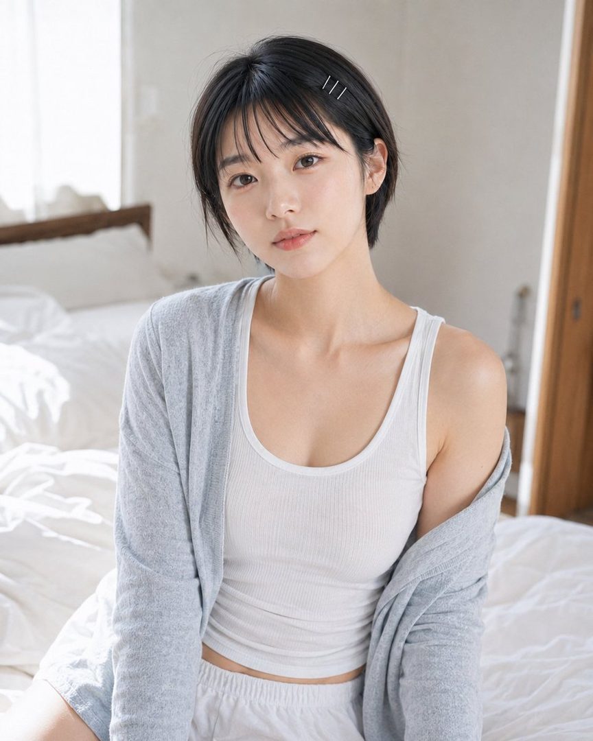 A young woman with short black hair and bangs, wearing a white tank top and a grey cardigan, sits on a bed in a brightly lit room.