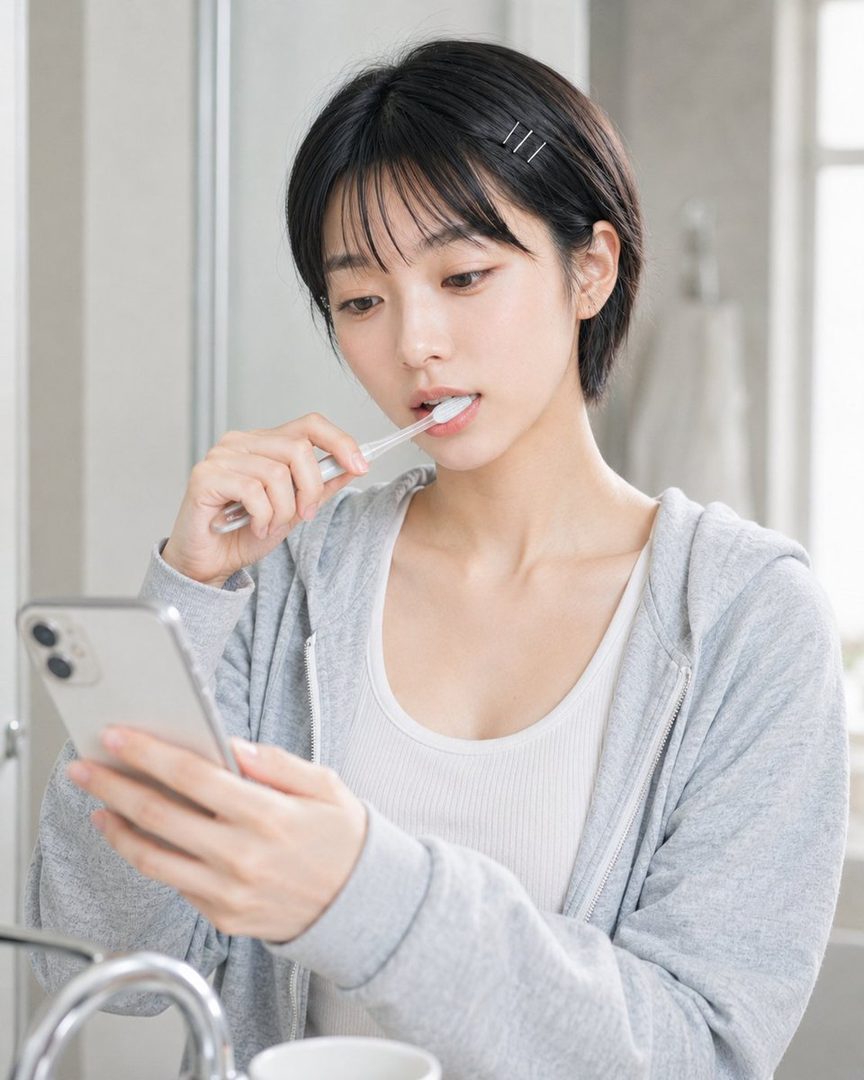 A young woman with short black hair brushes her teeth while looking at her phone in a bright indoor setting.